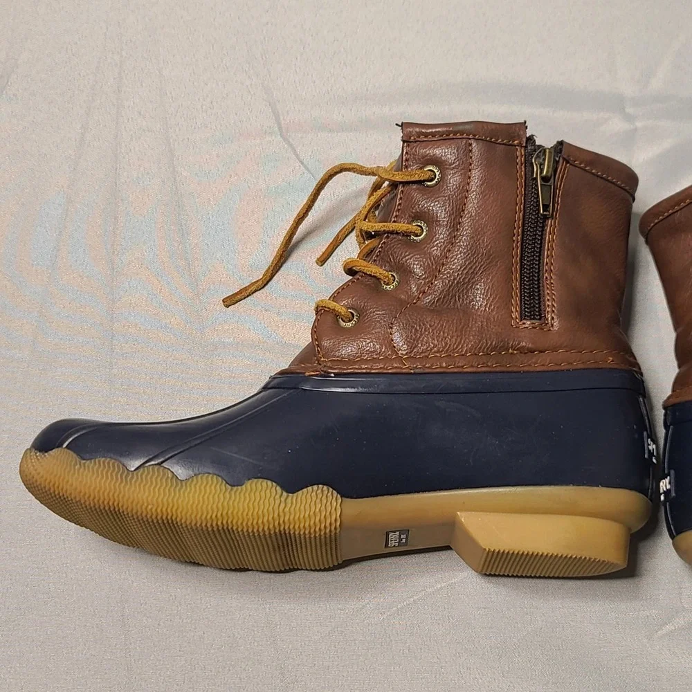 Sperry Saltwater Duck Boots Girls US 4 Navy Brown Waterproof Lace‎ Up Winter